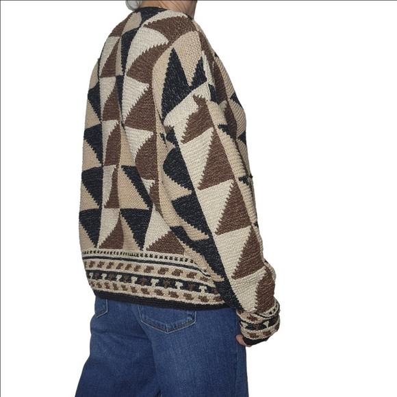 Women's Cardigan Geometric Patterned Black, Brown, Cream Hand knit FUN-ART - Picture 4 of 15